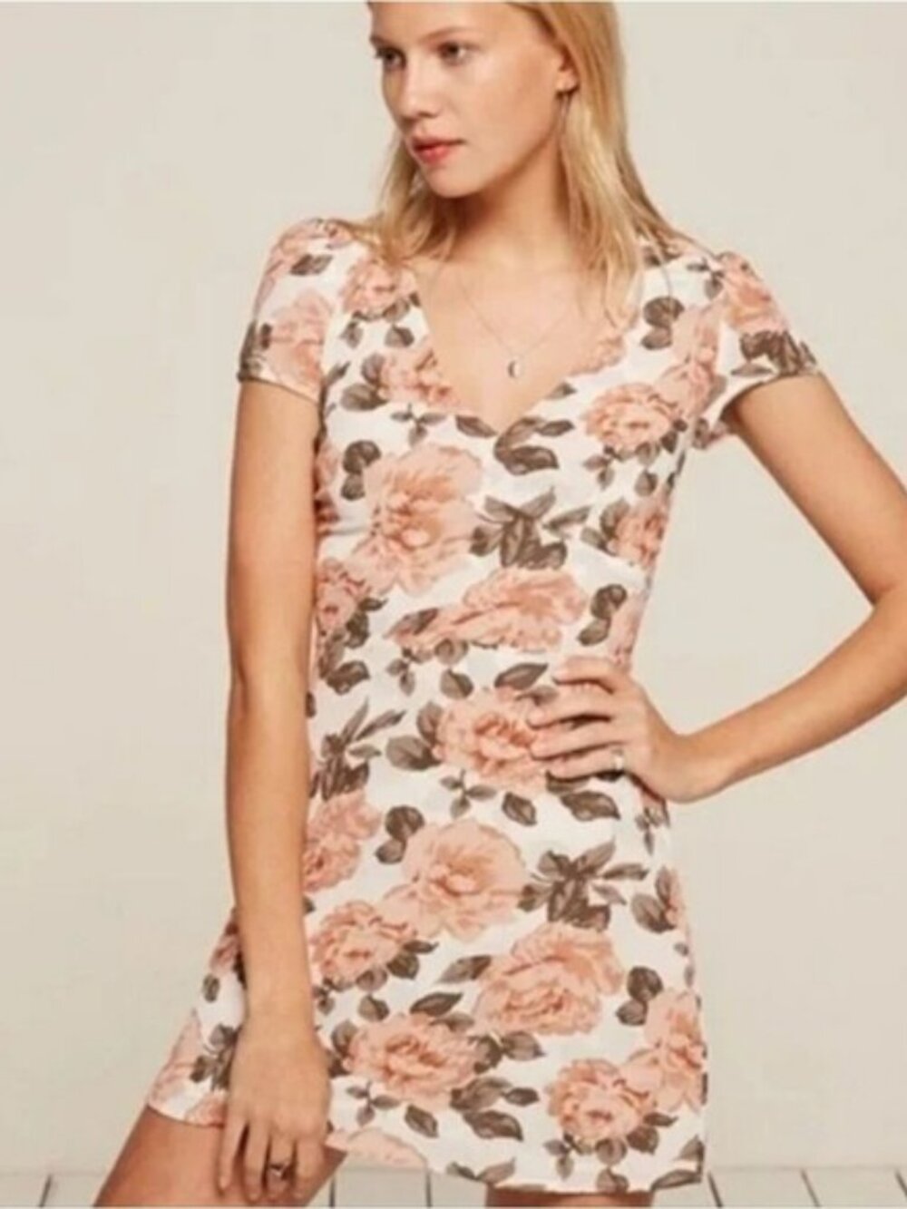 Reformation Jenna Dress In Rosette Cream Floral Short Sleeve Mini Dress 8